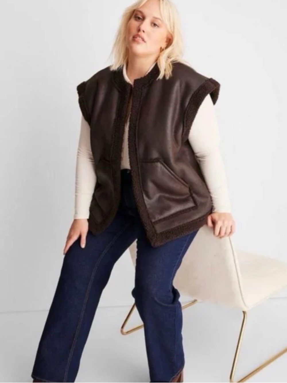 Future Collective Brown Faux Leather Sherpa Vest Size L